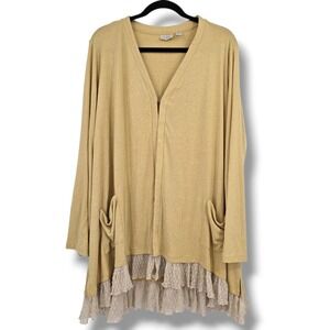 LOGO Lori Goldstein Mustard Yellow Lace Ruffle Hem Cardigan Hook Closure 2X